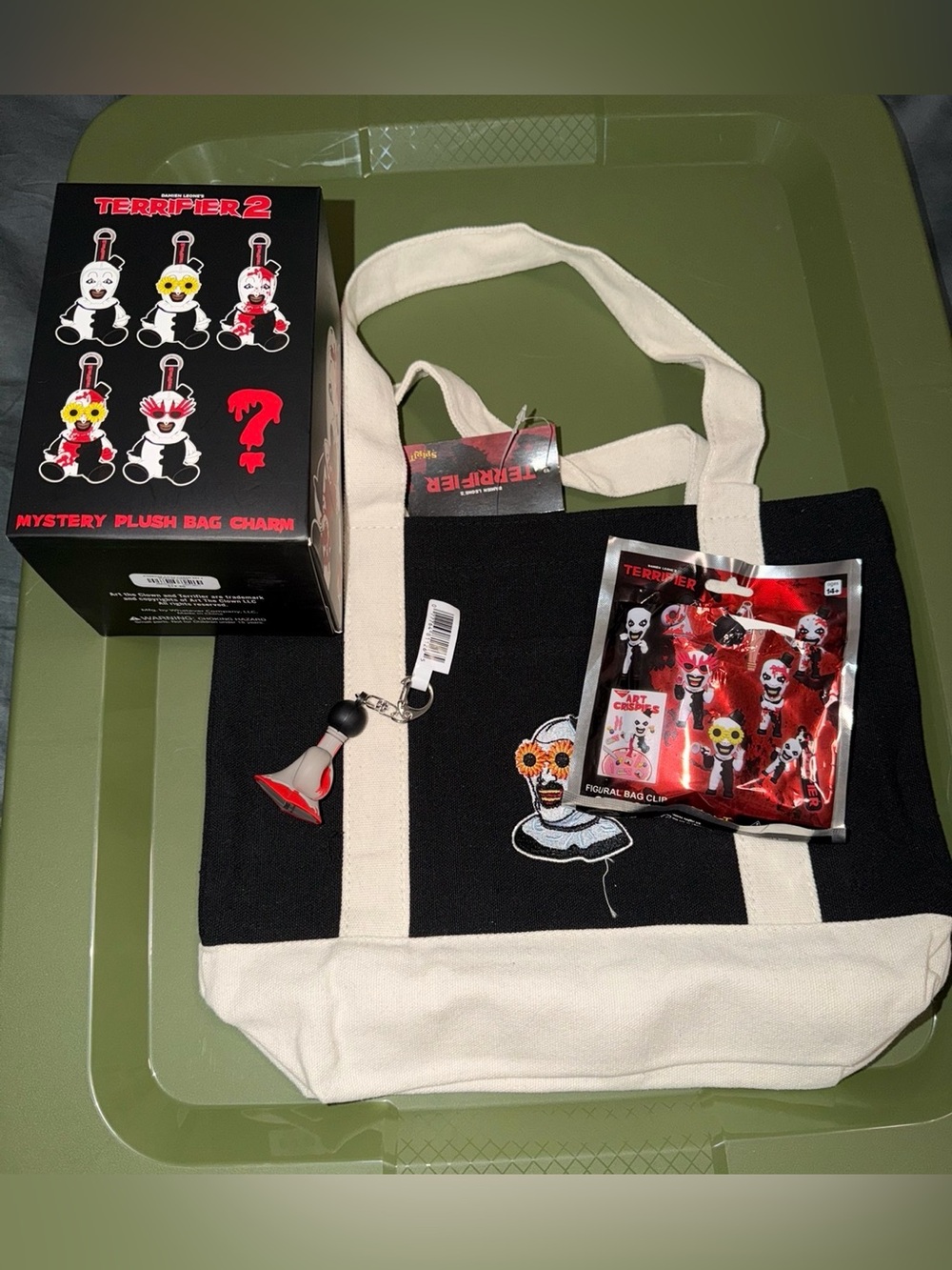 Terrifier 2 Mystery Plush Bag Charm & Figural Clip &Tote Bundle
